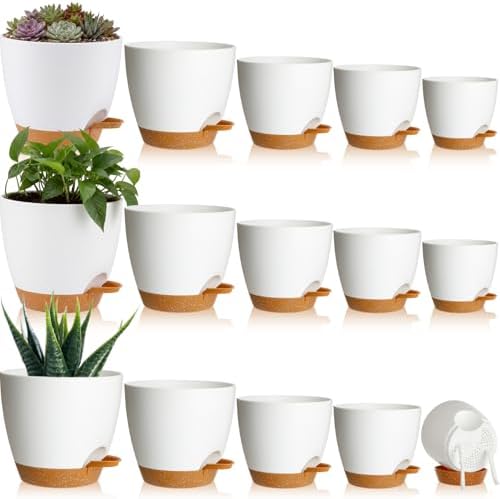 Remerry 15 Pcs 7/6.5/6/ 5.5/5 Inch Self Watering Planters with Drainage Hole Plant Pots Plastic Flower Pots Self Watering Pot and Saucer Reservoir for Garden Plant Flower (White) by Remerry