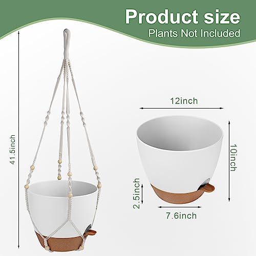 Vanslogreen Hanging Planters for Indoor Outdoor Plants, 12 Inch Self Watering Hanging Pot with Drainage Holes & Removable Tray, Macrame Plant Hanger for Boho Home Decor (Ivory+White)(Ivory+White) - Image 3