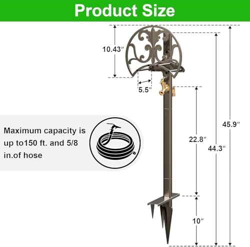 Heavy Duty Freestanding Garden Hose Stand with Brass Faucet, Weather Resistant Metal Hose Holder, Detachable Decorative Hose Storage Rack Holds 150FT Hose for Patio Lawn Yard Outdoor - Image 2