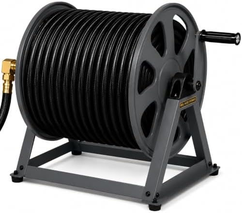 Dual Floor and Wall Mounted Garden Hose Reel, Holds 200ft of Water Hose, Heavy Duty Metal Hose Reel, Space Saving Hose Reel Organizer for Yard, Garage & Shed (Graphite) by RealHoseStorage