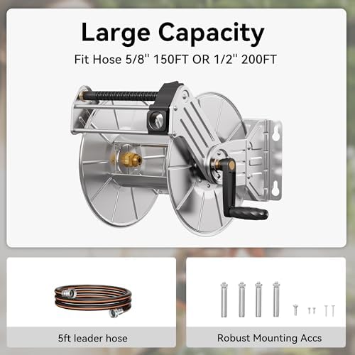 Giraffe Tools Stainless Steel Garden Hose Reel Heavy Duty, Wall/Floor Mounted Stainless Water Hose Reel Retractable with Crank, 150-Feet 5/8" Hose Capacity - Image 2