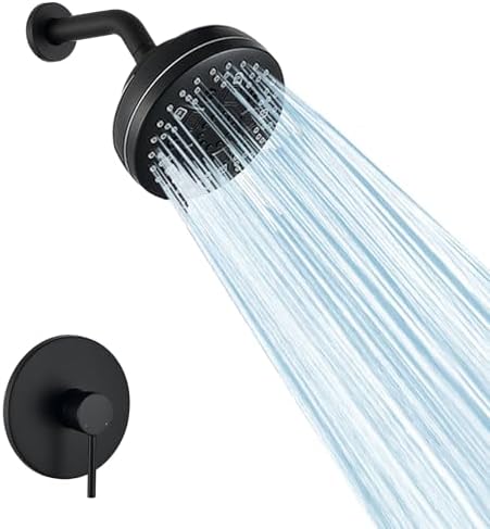 Matte Black Shower System with High Pressure 6-Spray Rain Shower Head, 360° Rotatable Anti-Clog Silicone Nozzles, Wall-Mounted Shower Faucet Set, Rustproof ABS for Bathroom Upgrade by TRJIKAG