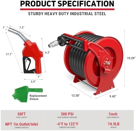 Fuel Hose Reel 1" x 50 ft, Retractable Diesel Reel with Fueling Nozzle - Image 6