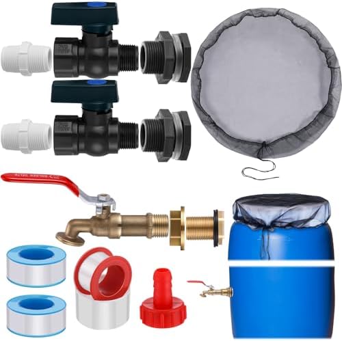 Tujoe 4 Set Rain Barrel Kit Barrel Spigot Kit 3/4 Mesh Cover with Drawstring PVC Barrel Spigot Brass Faucet Kit Bulkhead Fitting Hose Faucet Adapter Thread Seal Tape for Rain Barrel Water by Tujoe