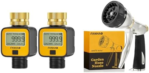 FANHAO 2 Pack Water Flow Meter with Brass Inlet+Heavy Duty Garden Hose Nozzle by FANHAO