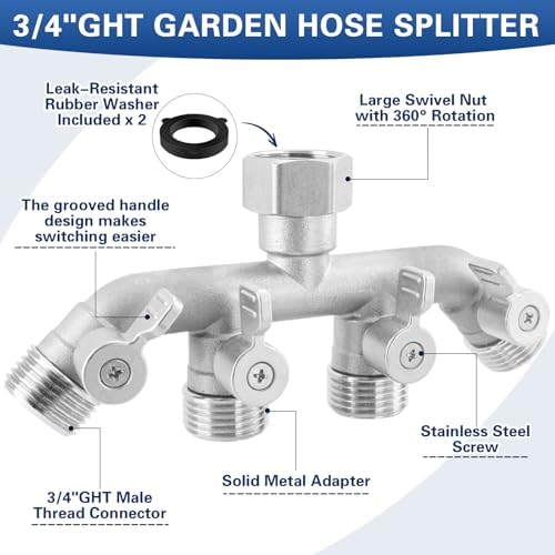 4 Way Garden Hose Splitter, 304 Stainless Steel Outdoor Faucet Splitter with 4 Individual Shut Off Valves, 3/4" GHT High Flow Hose Bib Spigot Connector - Image 4