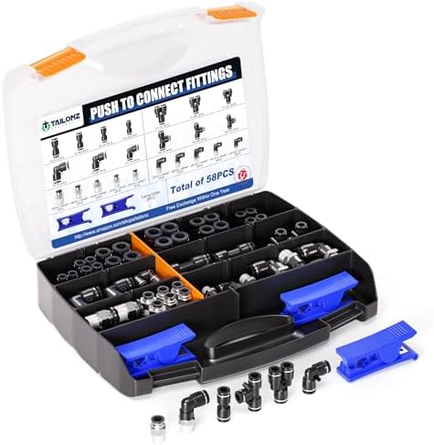 TAILONZ PNEUMATIC 1/4"3/8"1/2"1/8" Black Push to Connect Fittings Air Hose Fittings,Threaded Connection Kits, Suitable for Nylon Tube PU Tube Air Tube and Other Connection Kits（Pack of 58） by TAILONZPNEUMATIC