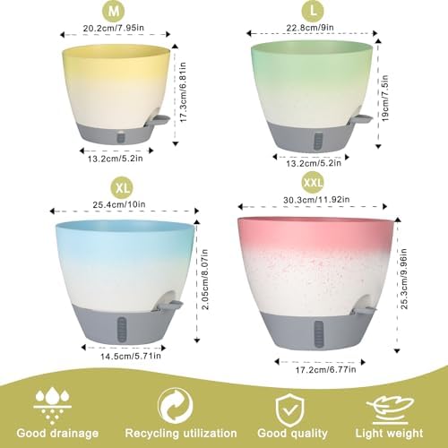4-Piece Planter Set, 12/10/9/8-inch Self-Watering Pots with Drainage Holes, Deep Trays, Water Level Indicators, Suitable for Plants (12/10/9/8-inch, White Gradient Design) - Image 2