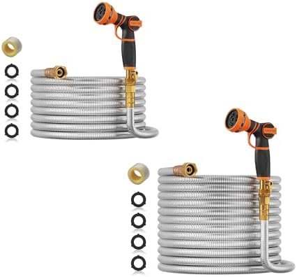 Giraffe Tools Garden Hose 75ft x 5/8",304 Stainless Steel Metal Water Hose and Garden Hose 50ft x 5/8", No Kink Garden Water Hose with Aluminum Fittings by GiraffeTools