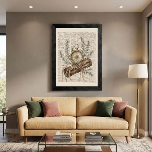 Framed Canvas Wall Art Vintage Antique Compass and Leather Map Muted Earthy Tones Rosemary on Aged Newspaper Canvas Print Poster Black Frame Wall Decor for Study Office Scholarly Decor, 12x16 Inch - Image 5