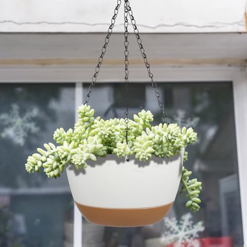 2 Pack Self Watering Hanging Planters: 9.7 Inch Pots with Chain Tray, White - Image 2