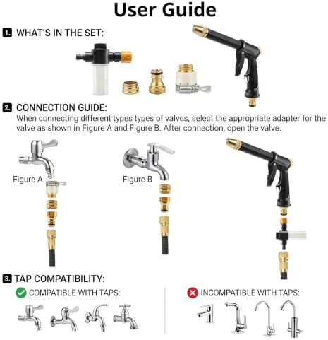 High Pressure Hose Nozzle with 4 Spray Modes, Adjustable Water Spray Gun, Metal Garden Hose Sprayer for Car Wash, Plant Watering, Patio & Outdoor Cleaning (Sprayer Kit with 3 Connectors & Foam Cannon) - Image 2