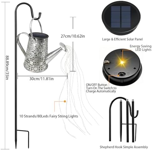 VOOKRY Watering Can with Lights, Large Hanging Solar Lights Outdoor Waterproof, Decorative Retro Metal Solar Garden Decor for Outside Patio Yard Porch Lawn, Gifts for Women Mom Grandma Birthday - Image 3