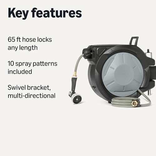 Amazon Basics Retractable Garden Hose Reel, 65 Foot, Wall Mounted, 10-Pattern Spray Nozzle, 180° Swivel Bracket - Image 2