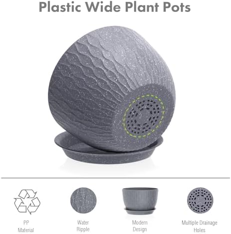 Meowell Large Flower Pots 12/10/9 inch, 3 Set Big Plant Pots for Outdoor Indoor Plants with Water Ripples, Wide Plastic Planters with Drainage Holes and Saucers for Garden House Plants, Speckled Grey - Image 4