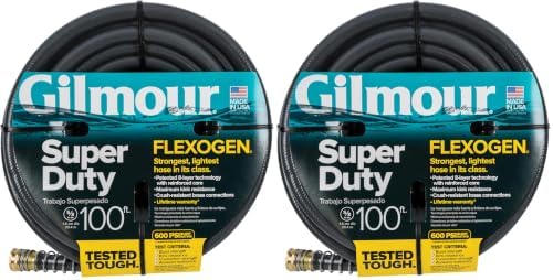 Gilmour Flexogen Heavy Duty Garden Hose – Leak-Proof Brass Couplings, Kink Resistant 8-Layer Design, 500 PSI, Made in USA, 5/8 in x 100 Feet (Pack of 2) by Gilmour