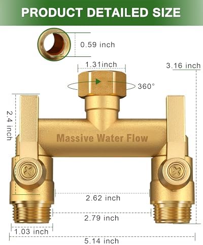 Hose Splitter 2 Way Heavy Duty, Solid Brass Full Flow Outdoor Faucet and Garden Hose Splitters, Water Spigot Splitter T Adapter, All Metal Water Connector with Shut-Off Valve, 3/4 - Inch GHT Thread - Image 2