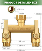 Hose Splitter 2 Way Heavy Duty, Solid Brass Full Flow Outdoor Faucet and Garden Hose Splitters, Water Spigot Splitter T Adapter, All Metal Water Connector with Shut-Off Valve, 3/4 - Inch GHT Thread - Image 2