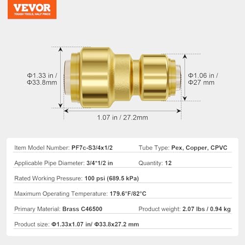 VEVOR Brass Pipe Fittings Push-Fit,Straight-Through,1/2"-3/4" 12PCS - Image 7