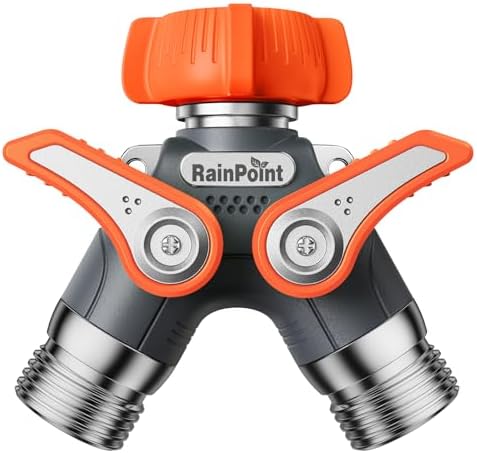 RAINPOINT Garden Hose Splitter 2 Way Heavy Duty, Water Hose Y Spigot Splitter with Shutoff Valves,100% Metal Body Water Hose Connector with Shut-Off Valve, 1.9" Metal Handle, 3/4" GHT Thread(Orange) by RainPoint