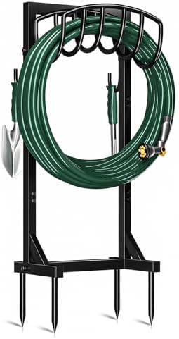 Kesfitt Garden Hose Holder Stand with 4 Spikes & 2 Tool Hooks, Detachable Heavy Duty Metal Freestanding Hose Reel Outdoor Organizer for Lawn Yard Water Storage Rack by Kesfitt