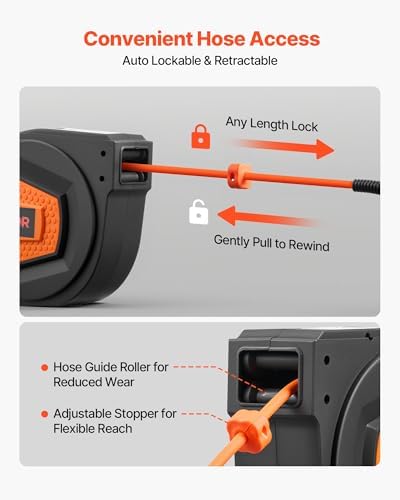 VEVOR Retractable Air Hose Reel, 1/4 Inch x 50 FT Hybrid Air Hose Max 300PSI, Enclosed Air-Compressor Hoses Reel Auto Rewind with 6.6 ft Lead in & Blow Gun, 180° Swivel Ceiling/Wall Mount - Image 3