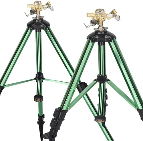 2 Pack Impact Sprinkler on Tripod Base, 360° Adjustable Brass Sprinkler Head with Stakes, Heavy Duty Metal Tripod Lawn Sprinkler for Large Area Lawn, Yard & Garden Irrigation by Unknown