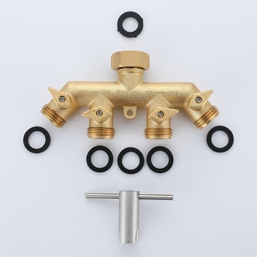 Bropury 4 Way Hose Splitter with Thickened and Optimized, Solid Brass Hose Connector NPT3/4", Hose Spigot Adapter 4 Valves with 5 Extra Rubber Washers and on/off Wrench (4 way) - Image 6