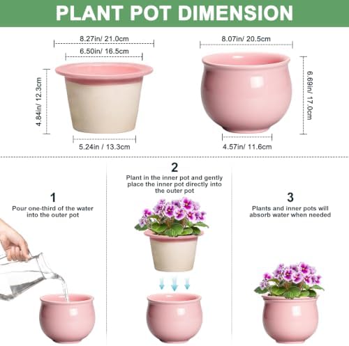8 Inch Ceramic Self Watering Planter with Absorbent Inner Pot, Pink - Image 2