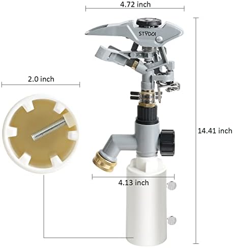 STYDDI T-Post Fence Sprinkler, Metal Impact Sprinkler Head on Fence T-Post Base with Flow Through, Irrigation Zinc-Alloy Adjustable T-Post Impulse Sprinkler - Image 4