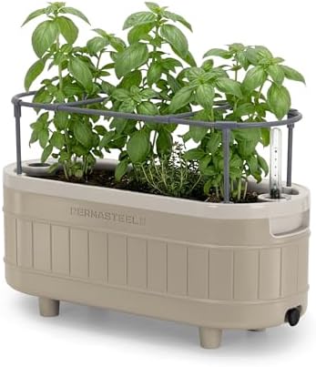 Permasteel Herb Garden Planter with Trellis Support, Self-Watering System with Water Level Indicator, Fits Multiple Herb Plants, for Basil, Flowers, Succulents, Indoor & Outdoor, Taupe by Unknown