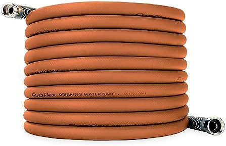 Camco EvoFlex 50-Ft Water Hose - RV Drinking Water Hose Contains No Lead, No BPA & No Phthalate - Flexible Design w/Stainless Steel Strain Relief Ends - 5/8” Inside Diameter, Brick (22587) by Camco