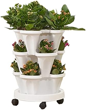 Strawberry Vertical Planters, 3 Tiered Stacking Tower Garden, Stackable Herb Vegetable Planters with Movable Casters and Bottom Saucer Indoor and Outdoor - White by Tectsia