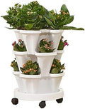 Strawberry Vertical Planters, 3 Tiered Stacking Tower Garden, Stackable Herb Vegetable Planters with Movable Casters and Bottom Saucer Indoor and Outdoor - White by Tectsia