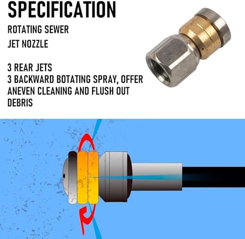Hourleey Sewer Jetter Kit for Pressure Washer 200FT, Drain Cleaner Hose 1/4 Inch NPT, Orifice 4.0 Button Nose and Rotating Sewer Jetting Nozzle Spanner Tape Pearl Corsage Pin, 4000 PSI - Image 3