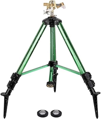 Heavy-Duty Brass Impact Sprinkler with Adjustable Tripod Base, 360 Degree Rotation, Green, 16-37 Inch Height, 0-43 Feet Coverage for Lawn and Garden Irrigation by Unknown