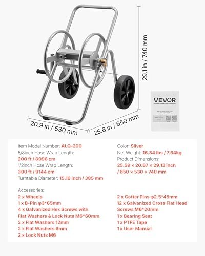 VEVOR Hose Reel Cart, 200/300 ft High-Pressure Garden Hose Cart, Hoses Reel Carts with Two Wheels, Handle & Heavy-Duty Mesh Storage Basket, Portable Hoses Reels for Garden Watering, Car Washing - Image 7