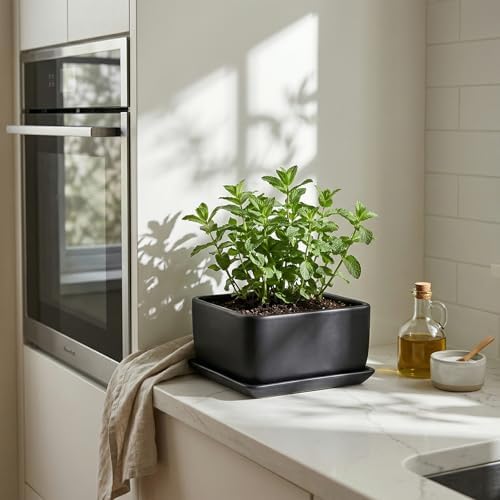MyGift Black Ceramic Square Indoor Planter with Drainage Hole & Tray - Image 5