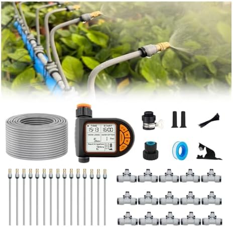 Drip Irrigation Kits,Quick Connector Automatic Irrigation System,with Replaceable Bending Dropper,atomizing Copper Nozzle for Watering System for Garden Plant Lawn Patio. (Timer) by NESNIU