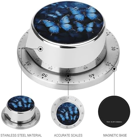 Mechanical Kitchen Timers for Cooking,Dark Blue Butterflies Printed 60 Minute Magnetic Countdown Timer,Cute Cooking Timers with Alarm,Stainless Steel Time Timer Manual No Batteries Required - Image 3