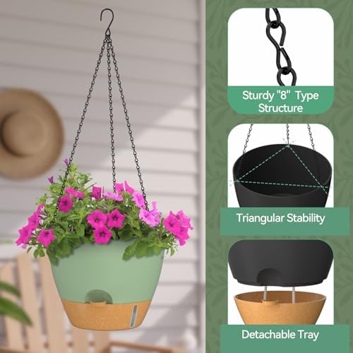 ZMTECH 12 Inch Hanging Planters for Indoor Outdoor Plants, 2 Pack Self Watering Hanging Plant Pots with Drainage Hole, Visual Reservoir, Plastic Flower Hanging Pots with Watering Lip (Green) - Image 5