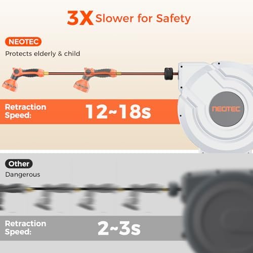 NEO-TEC 100ft 5/8 Inch Retractable Garden Hose Reel with Any-Length Lock Slow Auto Rewind Heavy Duty Hose Reel With 9-Pattern Nozzle 180° Swivel Bracket UV Resistant Wall Mounted Hose Reel for Outside - Image 4