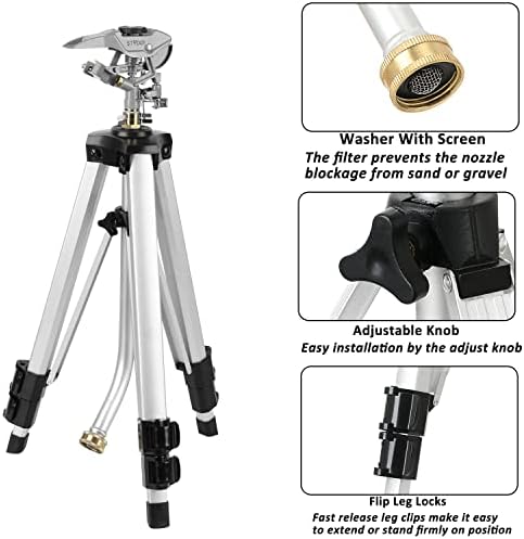 STYDDI Heavy Duty Impact Sprinkler on Tripod Base, Tall Metal Pulsating Telescoping Tripod Sprinkler for Large Area, Yard, Lawn, Garden, Waters up to 70 Ft. Diameter, Legs Extends Up to 36-inch - Image 4