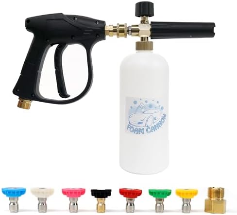 Short Pressure Washer Gun with Foam Cannon, Soap Gun for Pressure Washer, 1/4 Inch Quick Connector, with 7 Nozzle Tips, Container Capacity: 1 Liter by Cenforge