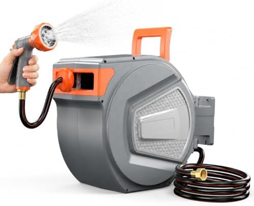 Retractable Garden Hose Reel, 65FT Wall Mounted Auto Rewind Water Hose Reel with 180° Swivel Bracket, Any Length Lock, Kink-Free Hose Guide, Multi-Pattern Spray Nozzle for Yard, Lawn & Outdoor by SimpleDeluxe