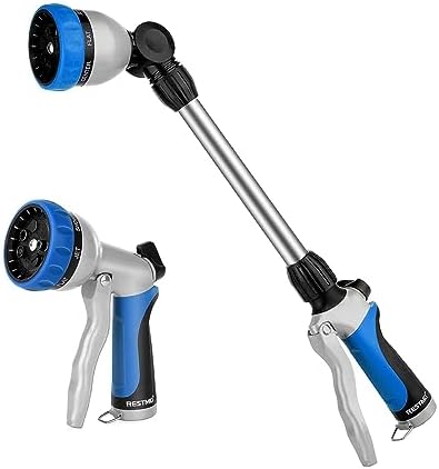 RESTMO Garden Hose Nozzle, Metal Watering Wand, Heavy Duty Garden Hose Wand with 180° Swivel Ratcheting Head, 16'' Hose Nozzle Sprayer with 7 Spray Patterns and Flow Control by Restmo