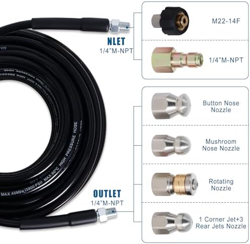 50FT 1/4-In Sewer Jetter Kit, 5800 PSI Pressure Washer Drain Cleaner Hose - Image 2