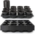 RooTrimmer 4 Inch Plastic Plant Pots 60 Pcs and 12 Cell Nursery Pots Trays 5 Pcs, Thick Sturdy Seeds Starting Germination Shuttle Carrying Trays, Black Small Planter Nursery Propagation 5 Sets by RooTrimmer