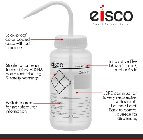 EISCO 6PK Chemical Wash Bottle, Blank Labels, 1000ml - Wide Mouth, Self Venting, Low Density Polyethylene - Performance Plastics Labs - Image 5