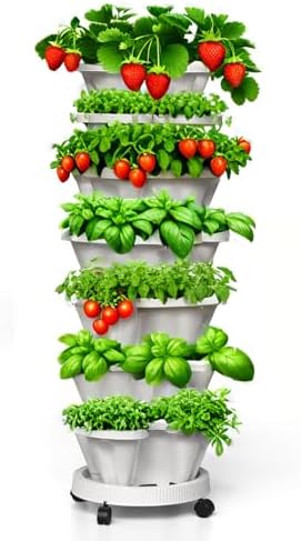 Strawberry Planters, 7 Tiered Vertical Stackable Planter, Herb Stacking Tower Garden, Flower Vegetable Planters with Support Pole, Indoor & Outdoor with Removable Wheels - White by Lykvrii